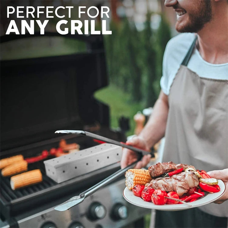 BBQ Woodchip Smoker Box, Stainless Steel Heavy Duty For Added Smokey Flavour. Gas And Charcoal BBQ Essential