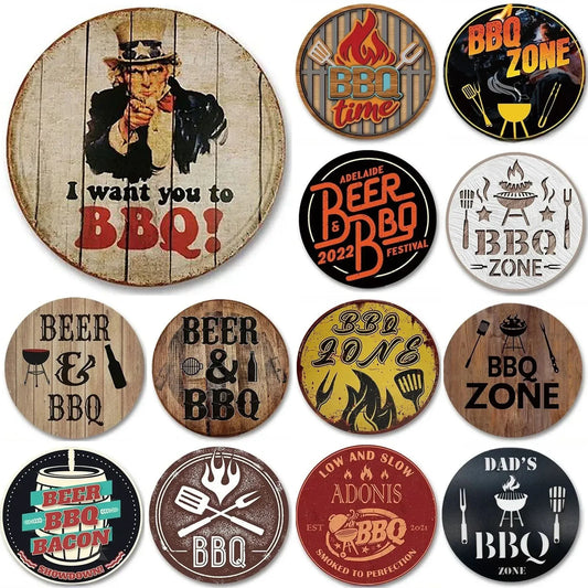 Retro Tin And Aluminium BBQ Signs. Novelty, Round, Vintage Style Signs For Garden, Shed, Man Cave, Restaurants And Cafes