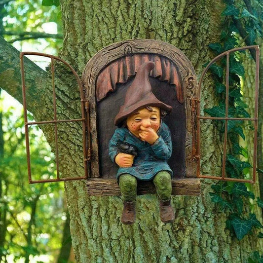 Naughty Garden Gnome Statue, Elf Out The Door Tree Hugger