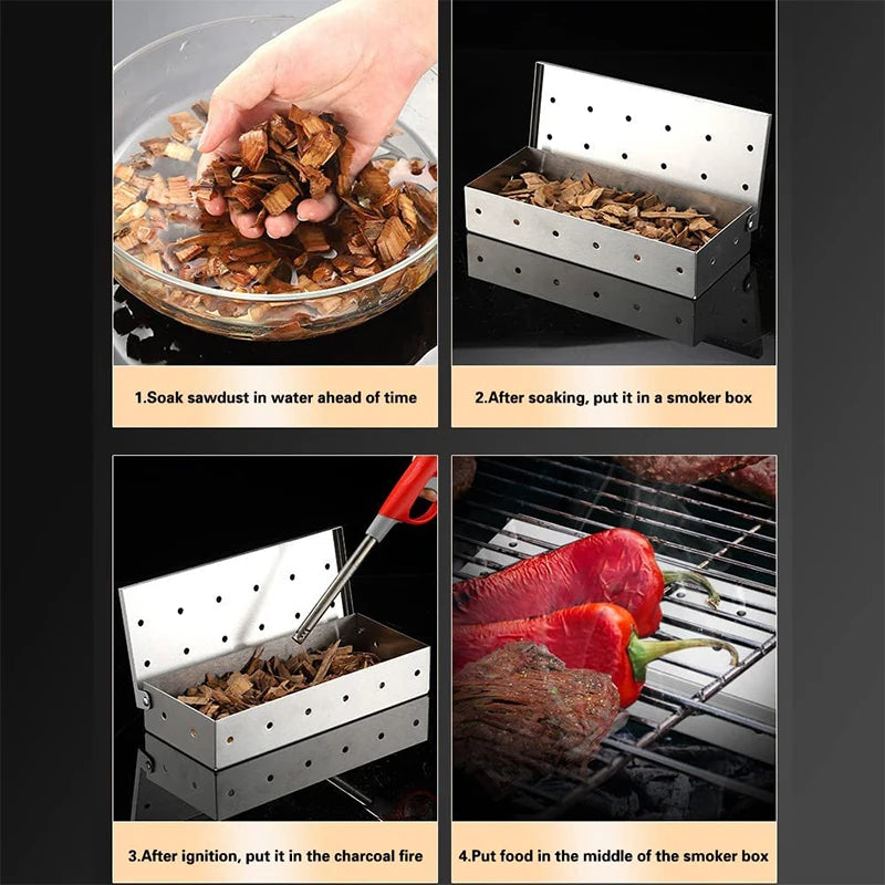 BBQ Woodchip Smoker Box, Stainless Steel Heavy Duty For Added Smokey Flavour. Gas And Charcoal BBQ Essential