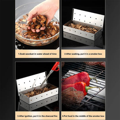BBQ Woodchip Smoker Box, Stainless Steel Heavy Duty For Added Smokey Flavour. Gas And Charcoal BBQ Essential