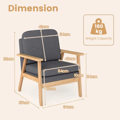 Grey Upholstered Armchair with Wooden Frame – Modern Accent Chair for Living Room or Bedroom