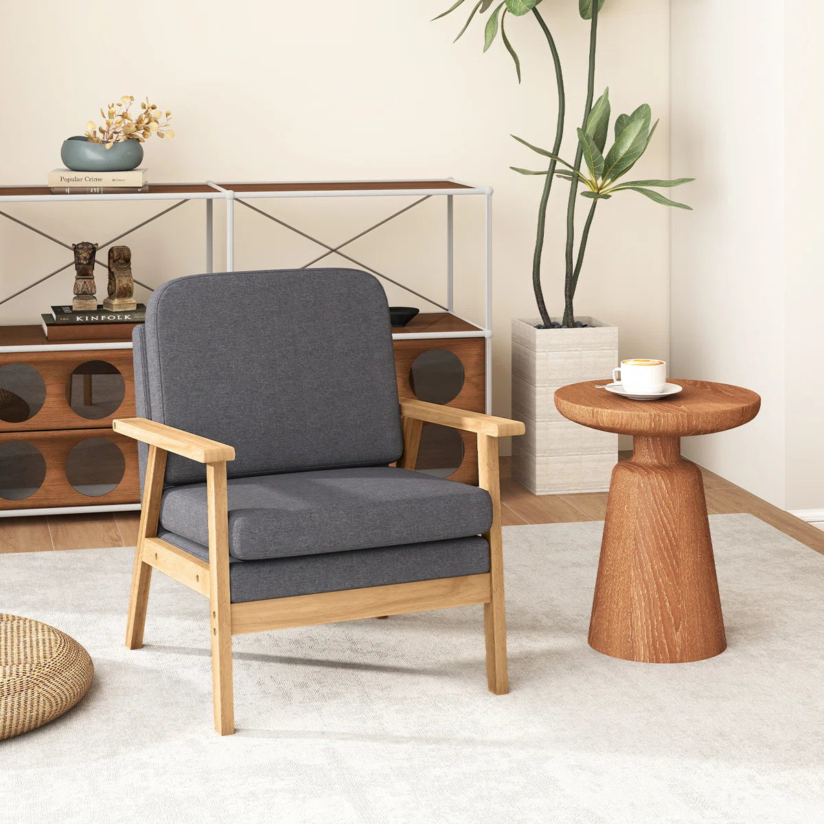 Grey Upholstered Armchair with Wooden Frame – Modern Accent Chair for Living Room or Bedroom