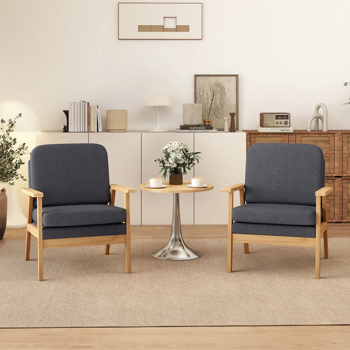 Grey Upholstered Armchair with Wooden Frame – Modern Accent Chair for Living Room or Bedroom