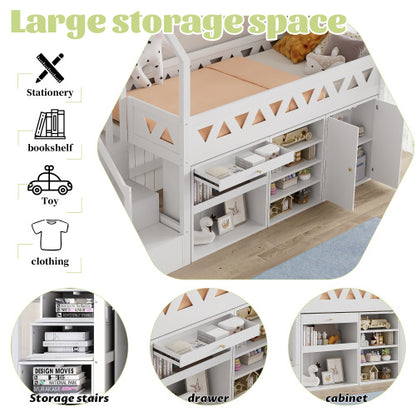 Children's Single Bed With Slide & Stairs, Built-In Storage Mid Sleeper Bunk Bed