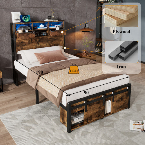 Multifunctional Single Bed, Under-Bed & Headboard Storage LED, USB & USB-C Ports, Metal Frame - Black