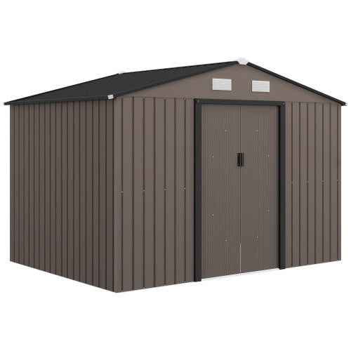 Outsunny 9 X 6ft Metal Garden Shed, Outdoor Storage Tool House With Ventilation Slots, Foundation Kit And Lockable Double Doors, Brown