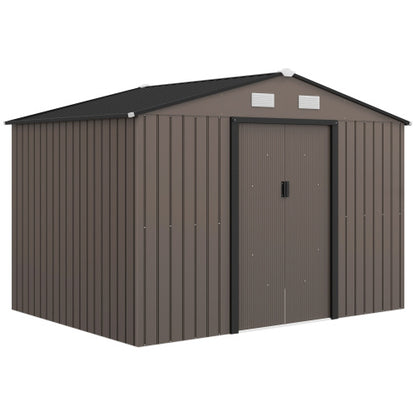 Outsunny 9 X 6ft Metal Garden Shed, Outdoor Storage Tool House With Ventilation Slots, Foundation Kit And Lockable Double Doors, Brown