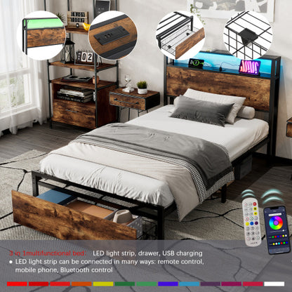 Single Bed, With Under-Bed Storage, Headboard Shelf, LED, USB & USB-C Ports, Metal Frame - Black