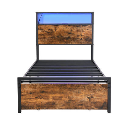 Single Bed, With Under-Bed Storage, Headboard Shelf, LED, USB & USB-C Ports, Metal Frame - Black