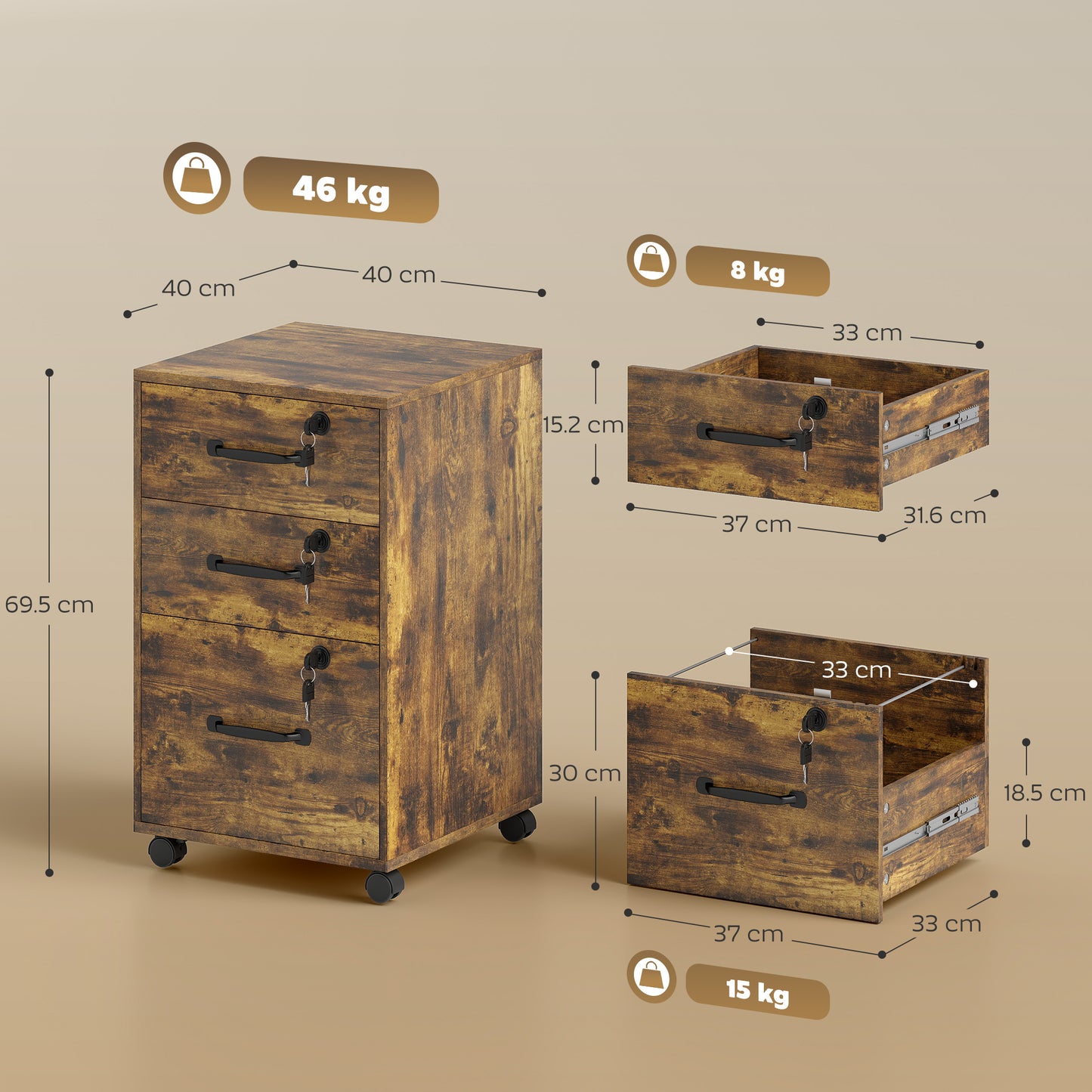 Rustic Brown 3-Drawer Mobile Filing Cabinet with Lockable Drawers