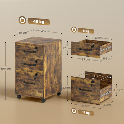 Rustic Brown 3-Drawer Mobile Filing Cabinet with Lockable Drawers
