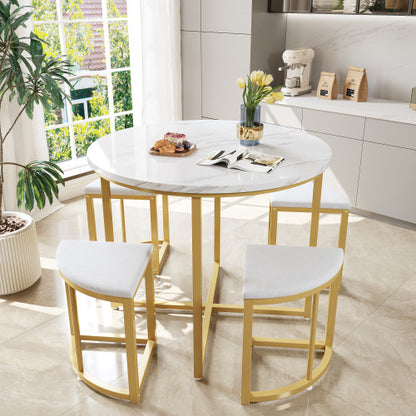 5-Piece Dining Set Marble Effect Table & 4 Padded Stools Space Saving Dining Set