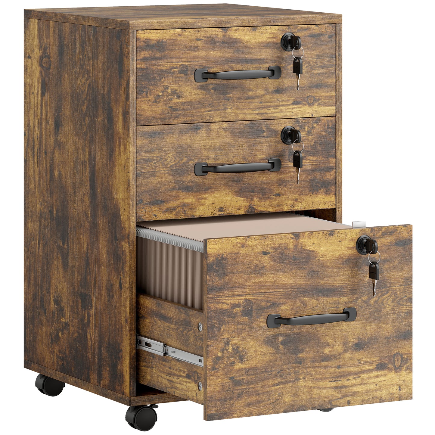 Rustic Brown 3-Drawer Mobile Filing Cabinet with Lockable Drawers
