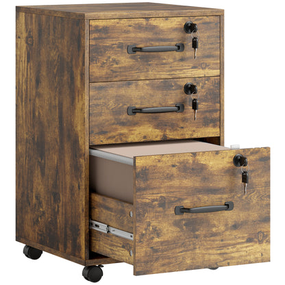 Rustic Brown 3-Drawer Mobile Filing Cabinet with Lockable Drawers