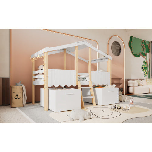 Children's House-Shape Storage Bed, Mid-Sleeper With Large Under-Bed Storage Boxes - White