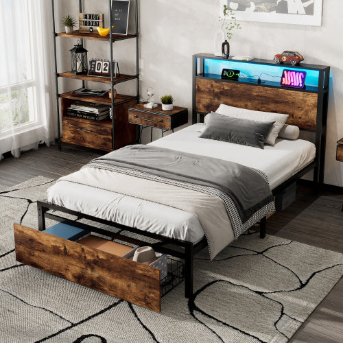 Single Bed, With Under-Bed Storage, Headboard Shelf, LED, USB & USB-C Ports, Metal Frame - Black