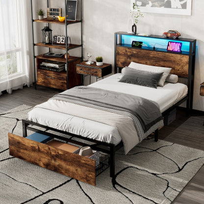 Single Bed, With Under-Bed Storage, Headboard Shelf, LED, USB & USB-C Ports, Metal Frame - Black