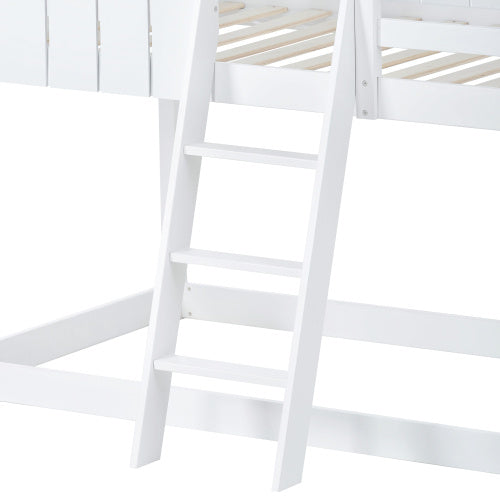 Children's Bunk Bed, Wooden Twin Beds With Safety Rail & Imitation House Roof