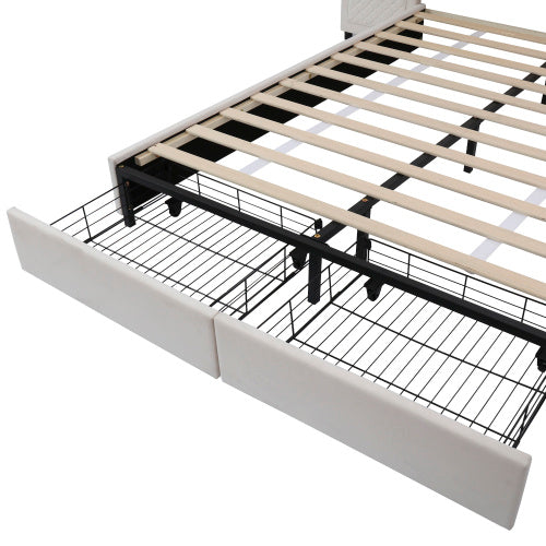 Velvet Upholstered Double Bed With Storage Drawers & Headboard Side Pockets