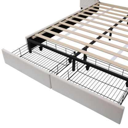 Velvet Upholstered Double Bed With Storage Drawers & Headboard Side Pockets