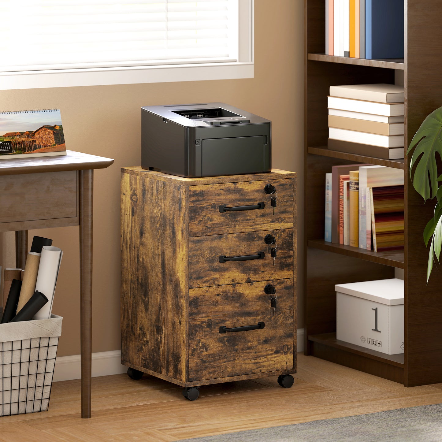 Rustic Brown 3-Drawer Mobile Filing Cabinet with Lockable Drawers