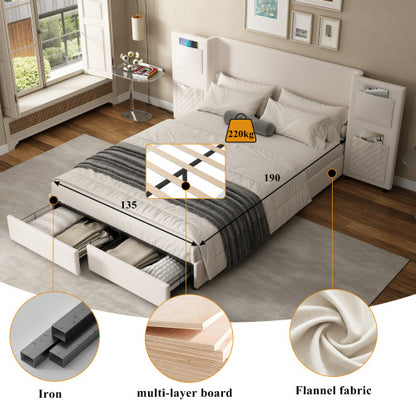 Velvet Upholstered Double Bed With Storage Drawers & Headboard Side Pockets