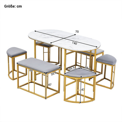 7-Piece Dining Set, Marble Effect Table & 6 Padded Stools. Space Saving Dining Set