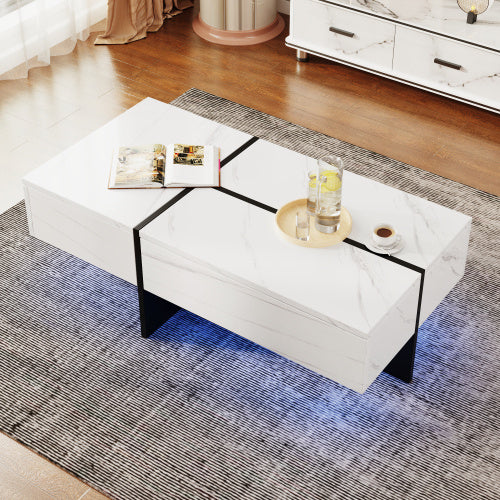 High Gloss Coffee Table, White Marble-Effect Tea Table With Black Detail & Hidden Storage