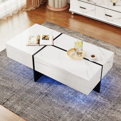 High Gloss Coffee Table, White Marble-Effect Tea Table With Black Detail & Hidden Storage