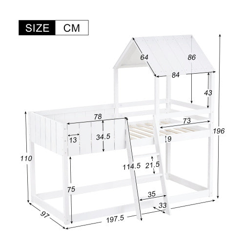 Children's Bunk Bed, Wooden Twin Beds With Safety Rail & Imitation House Roof
