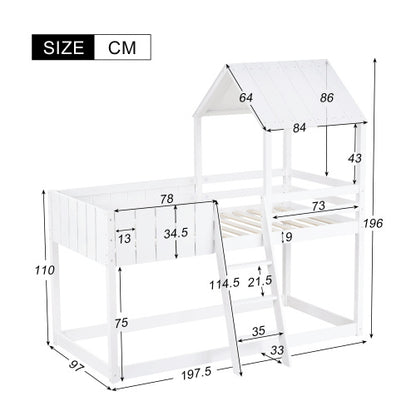 Children's Bunk Bed, Wooden Twin Beds With Safety Rail & Imitation House Roof