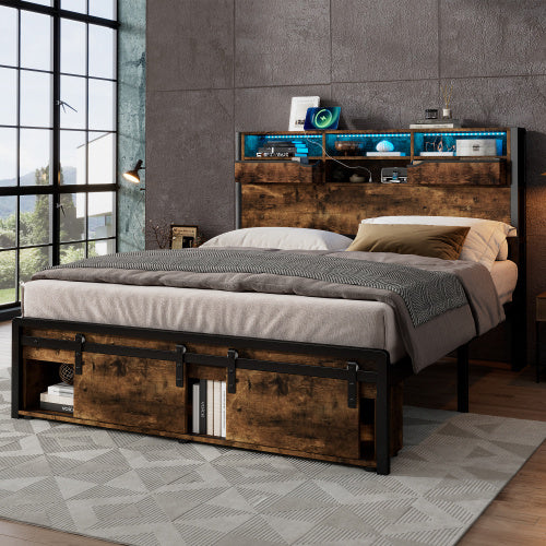 Multifunctional Double Bed, Under-Bed & Headboard Storage LED, USB & USB-C Ports. Black Metal Frame