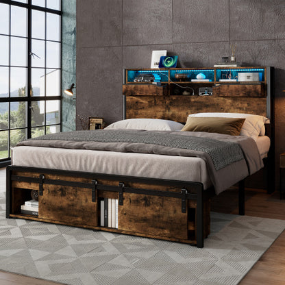 Multifunctional Double Bed, Under-Bed & Headboard Storage LED, USB & USB-C Ports. Black Metal Frame