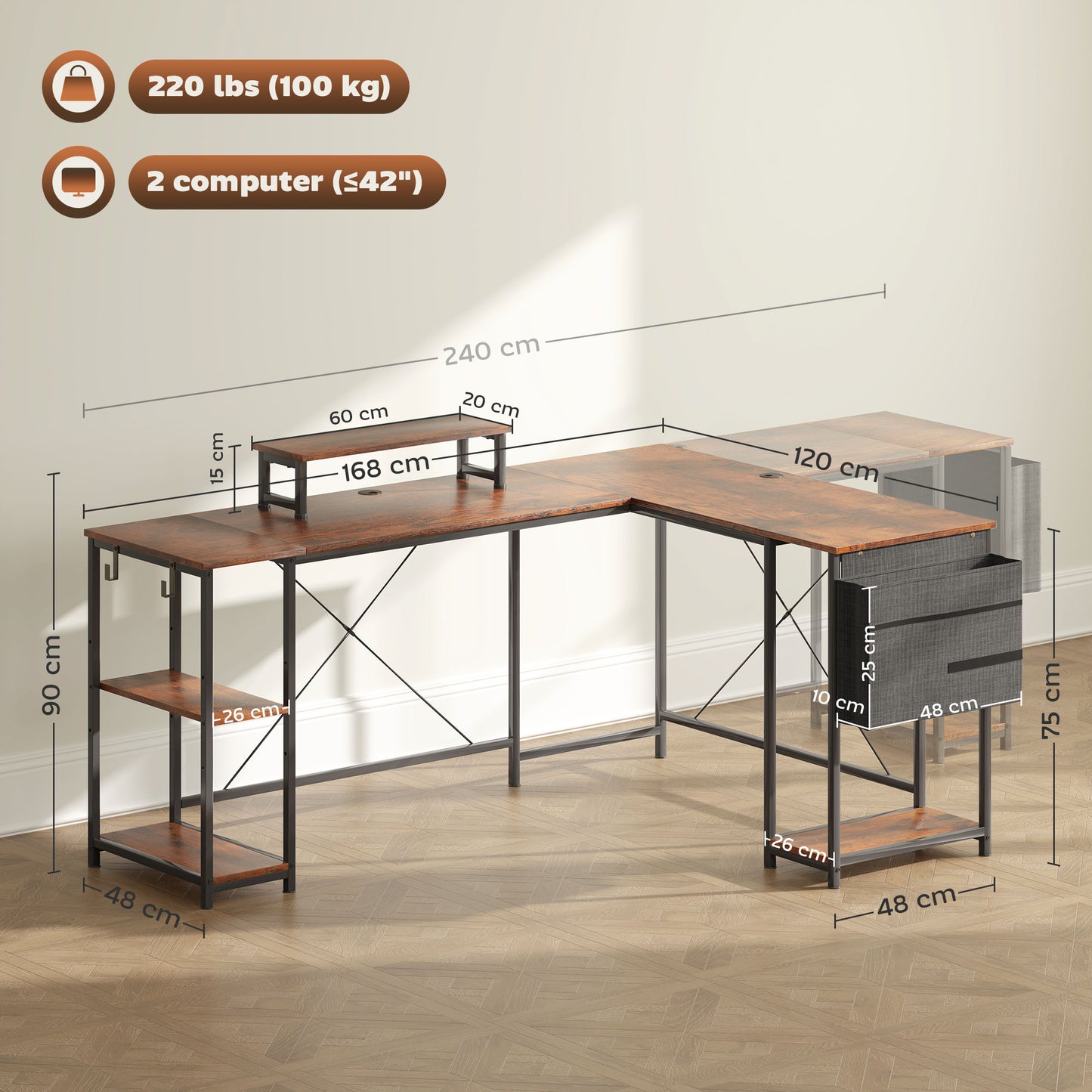 Rustic Brown L-Shaped Office Desk with Shelves & Monitor Stand