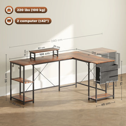 Rustic Brown L-Shaped Office Desk with Shelves & Monitor Stand