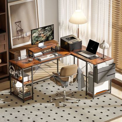 Rustic Brown L-Shaped Office Desk with Shelves & Monitor Stand