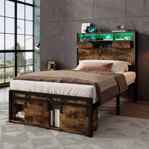 Multifunctional Single Bed, Under-Bed & Headboard Storage LED, USB & USB-C Ports, Metal Frame - Black