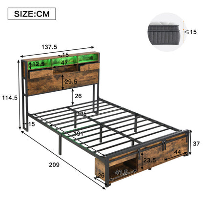 Multifunctional Double Bed, Under-Bed & Headboard Storage LED, USB & USB-C Ports. Black Metal Frame