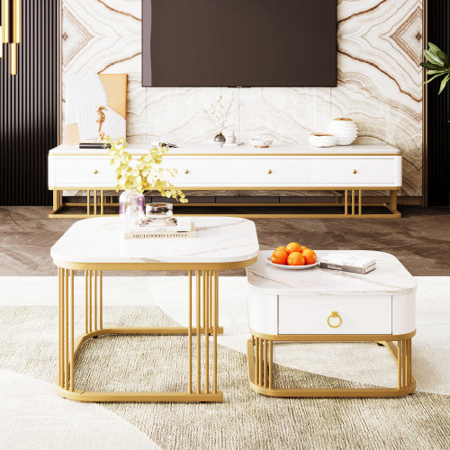 Nestable Coffee Table, High Gloss Marble Exterior/Glass Top, Gold Accents, Side Tables With Drawer. Set Of Two