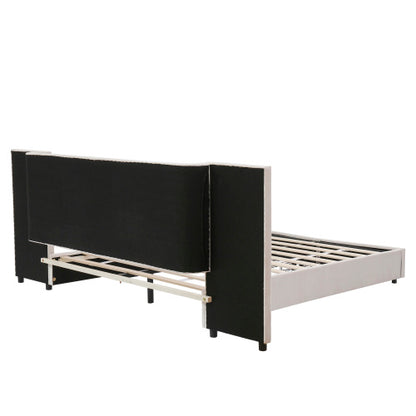Velvet Upholstered Double Bed With Storage Drawers & Headboard Side Pockets
