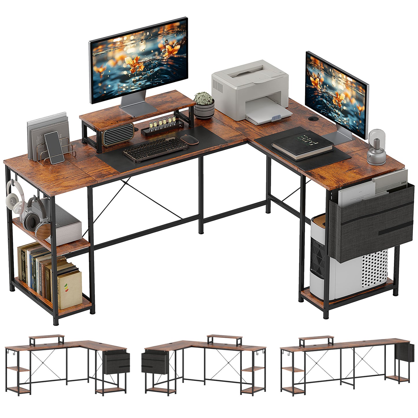 Rustic Brown L-Shaped Office Desk with Shelves & Monitor Stand