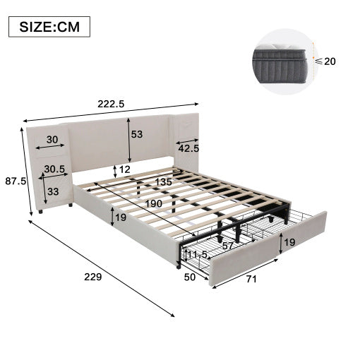 Velvet Upholstered Double Bed With Storage Drawers & Headboard Side Pockets