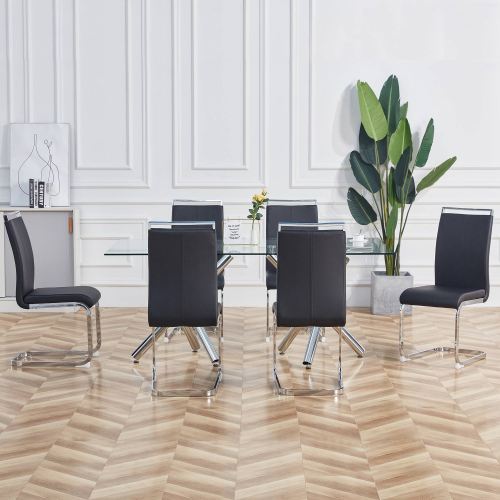 Set-Of-4 Cantilever Chairs. Soft PU Leather Upholstered Stylish Chairs - Black