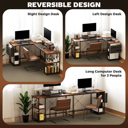 Rustic Brown L-Shaped Office Desk with Shelves & Monitor Stand
