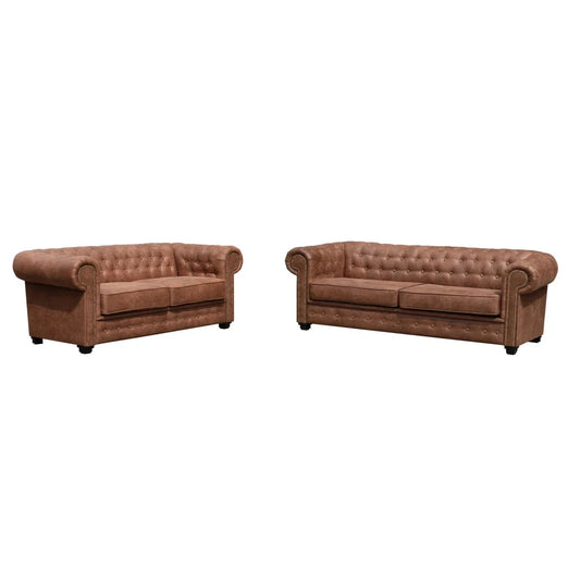 Faux Leather Chesterfield Sofa, 2 & 3 Seater Button Tufted Couch - Brown