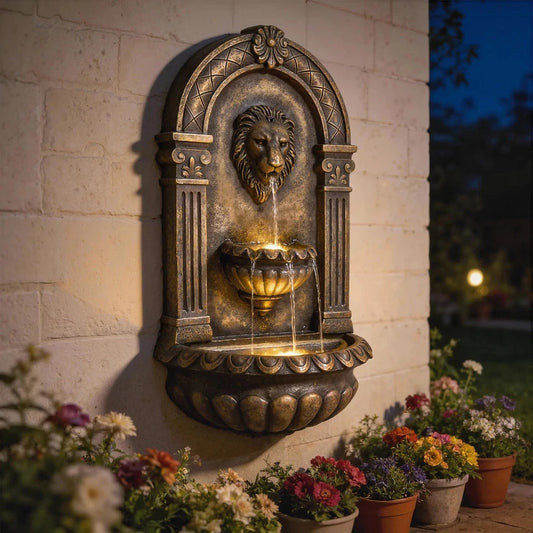 Wall Mounted Garden Water Fountain LED Lion Head 3 Tier Outdoor Water Feature