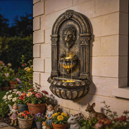 Wall Mounted Garden Water Fountain LED Lion Head 3 Tier Outdoor Water Feature