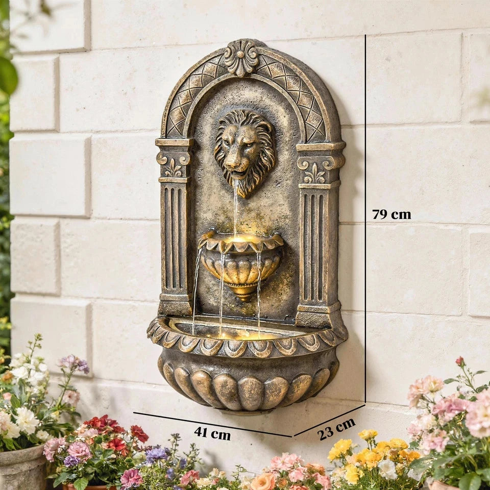 Wall Mounted Garden Water Fountain LED Lion Head 3 Tier Outdoor Water Feature