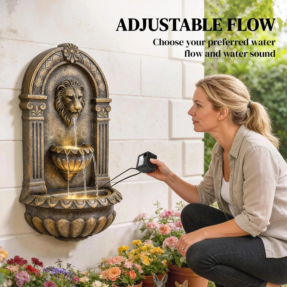 Wall Mounted Garden Water Fountain LED Lion Head 3 Tier Outdoor Water Feature